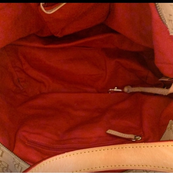 Dooney & Bourke Vintage Tan Canvas Signature Hobo Bag with red interior - Picture 10 of 12